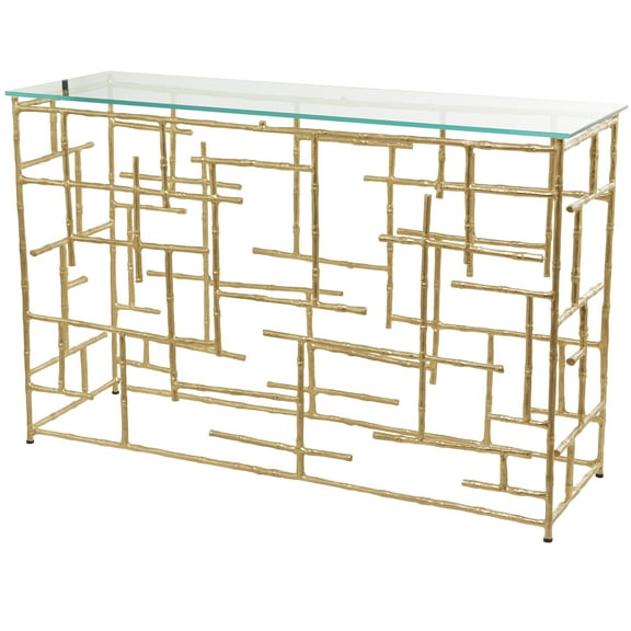 DecMode 51" x 32" Gold Aluminum Grid Style Frame Geometric Console Table with Clear Glass Top, 1-Piece