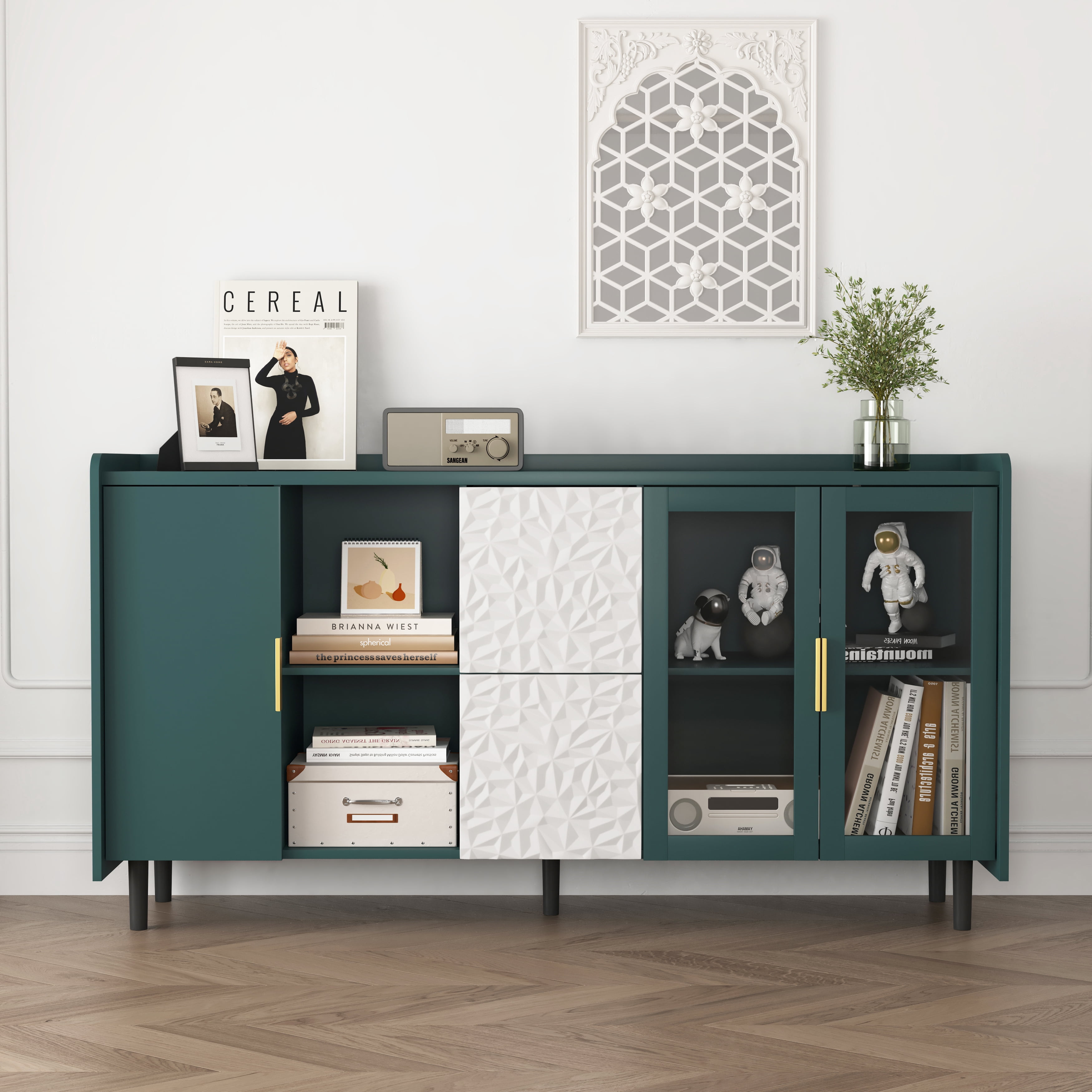 MAYEERTY Green Kitchen Pantry Storage Cabinet, 55" Coffee Bar Cabinet with Glass Doors & Drawers
