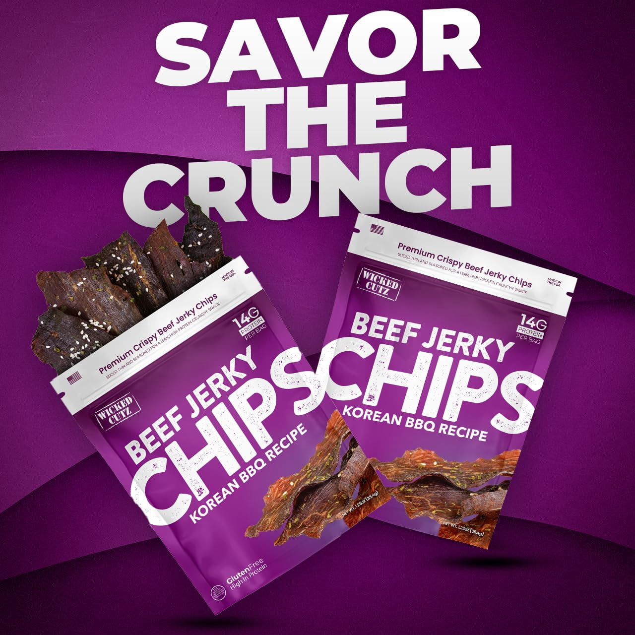 Wicked Cutz Premium Beef Jerky Crispy Chips, Korean BBQ Recipe, 28g Protein, 1.25 oz, 2-Pack