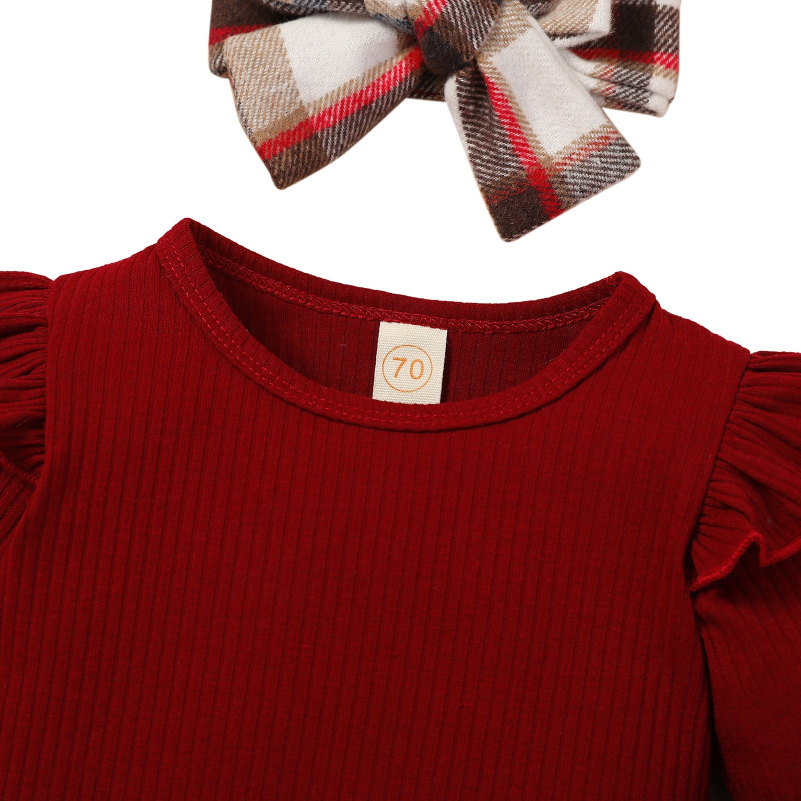 URMAGIC Infant Baby Girl Clothes Ruffled Long Sleeve Top Rompers Plaid Halter Dress Headband Newborn 3Pcs Fall Winter Outfits