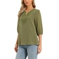 thumbnail image 4 of INSPIRE CHIC Casual Chiffon Blouses for Women's 3/4 Sleeve V Neck Puff Sleeves Embroidery Tunic Shirts XS Army Green, 4 of 6