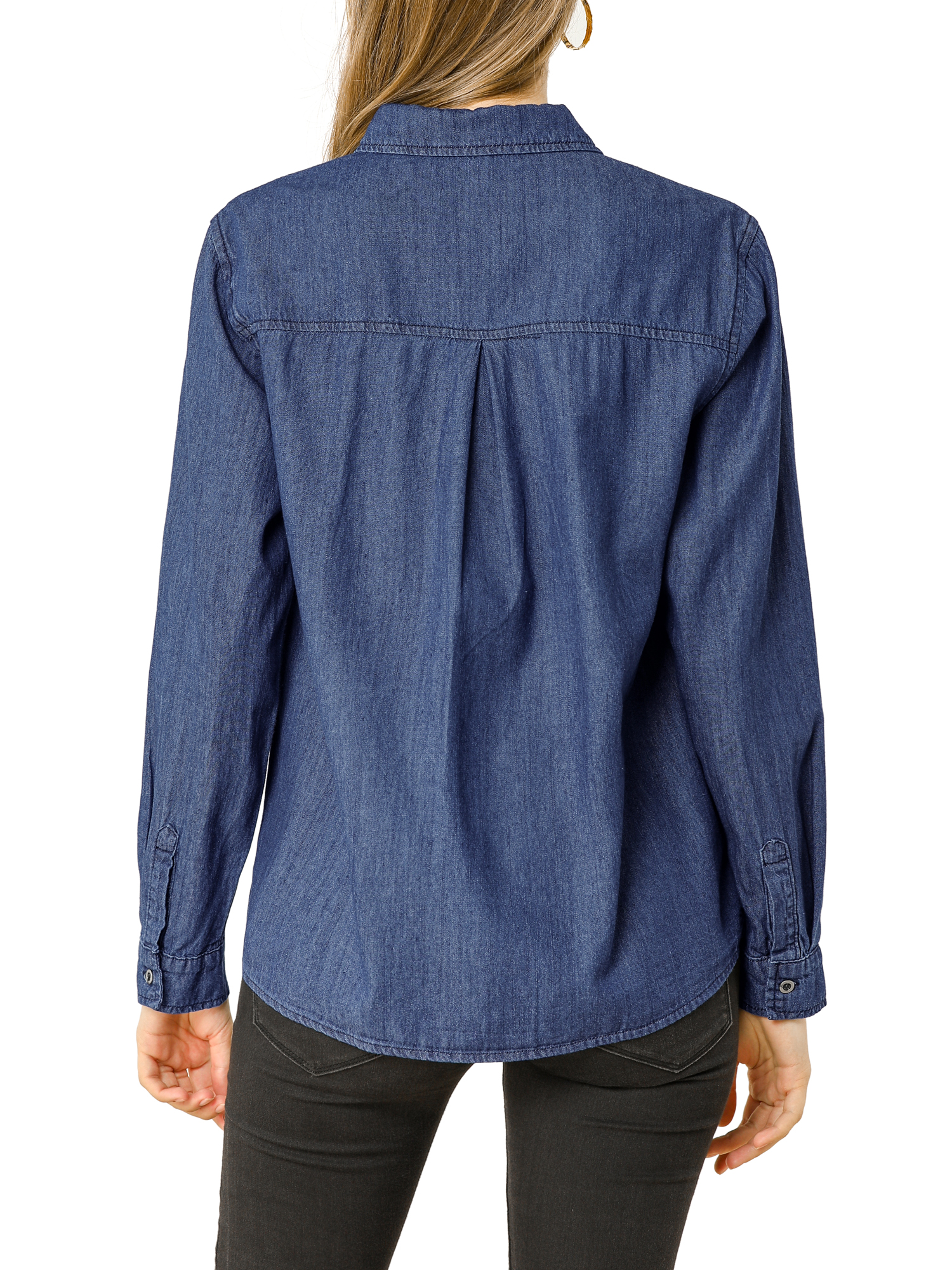 MODA NOVA Junior's Classic Long Sleeve Loose Button Bown Denim Shirt Dark Blue L - image 4 of 6