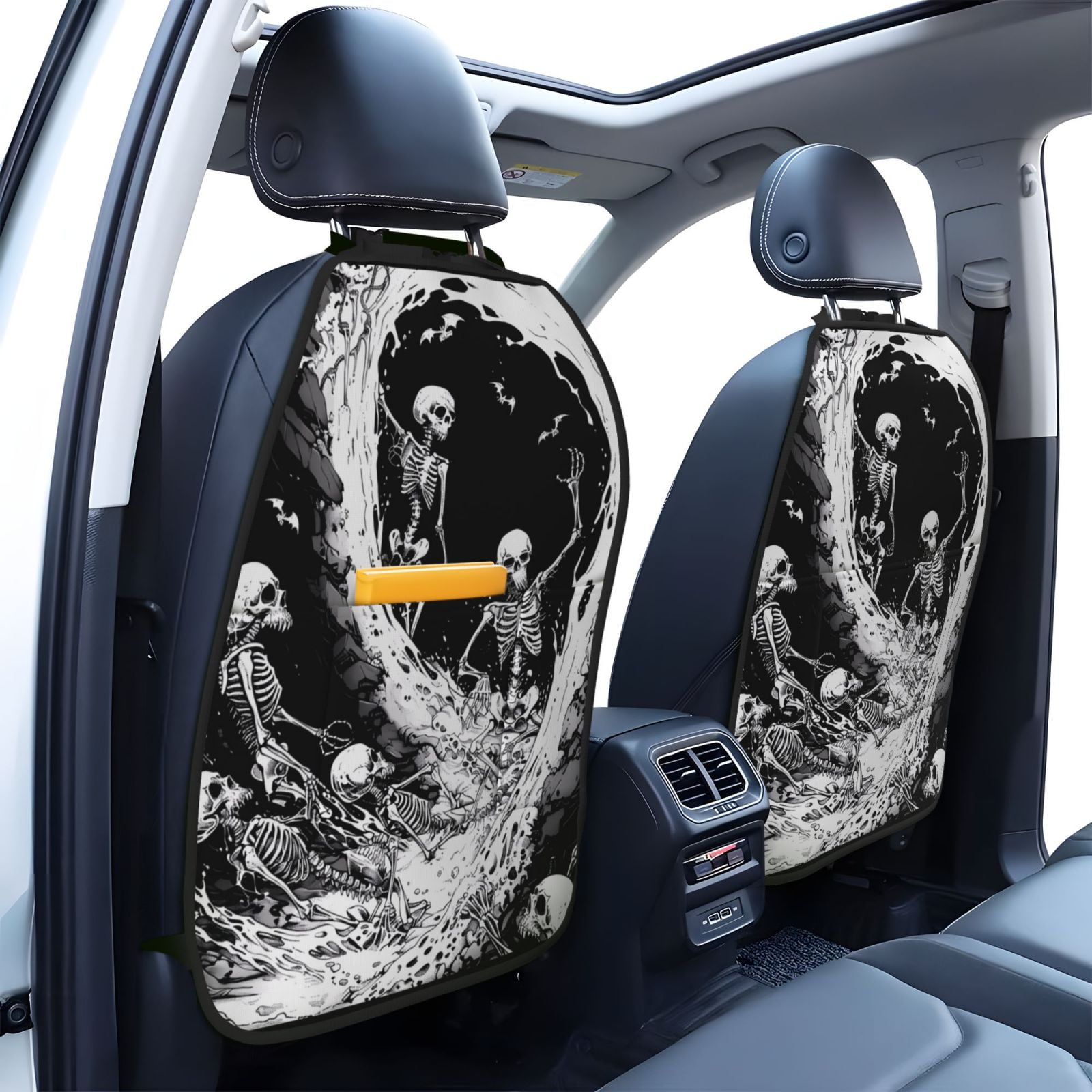 Xecao Skeleton Wave Artwork Pattern Car Seat Back Protector 2 Pack Large Capacity Pocket, Kick Mats Back Seat Protector