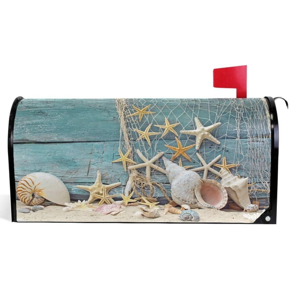 Welcome Summer Sea Shells Starfish on Blue Wooden Mailbox Covers Standard Size Beach Nautical Theme Tropical Style Magnetic Mail Cover Letter Post Box Decorations 21" x 18"