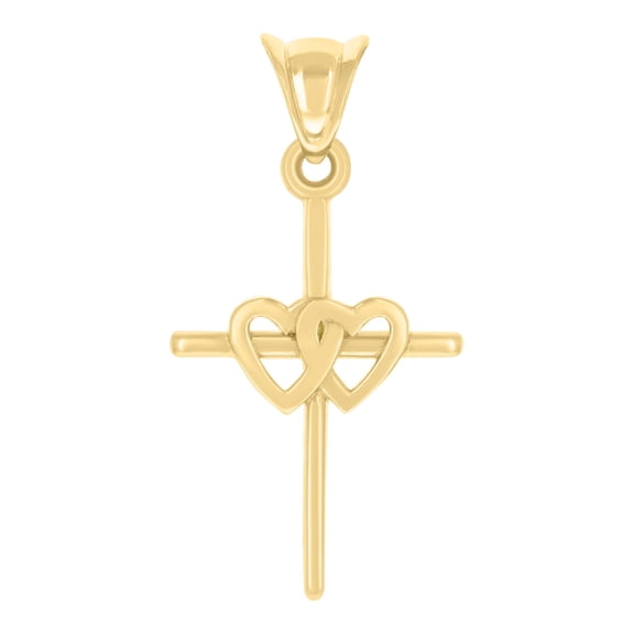 14k Yellow Gold Womens Double Heart Cross Religious Charm Pendant