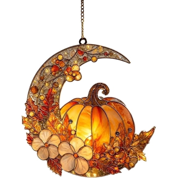 Stained Glass Pumpkin Suncatcher 6in, Acrylic Crescent Moon Window Hanging with Fall Leaves, Autumn Thanksgiving Decor for Kitchen Living Room