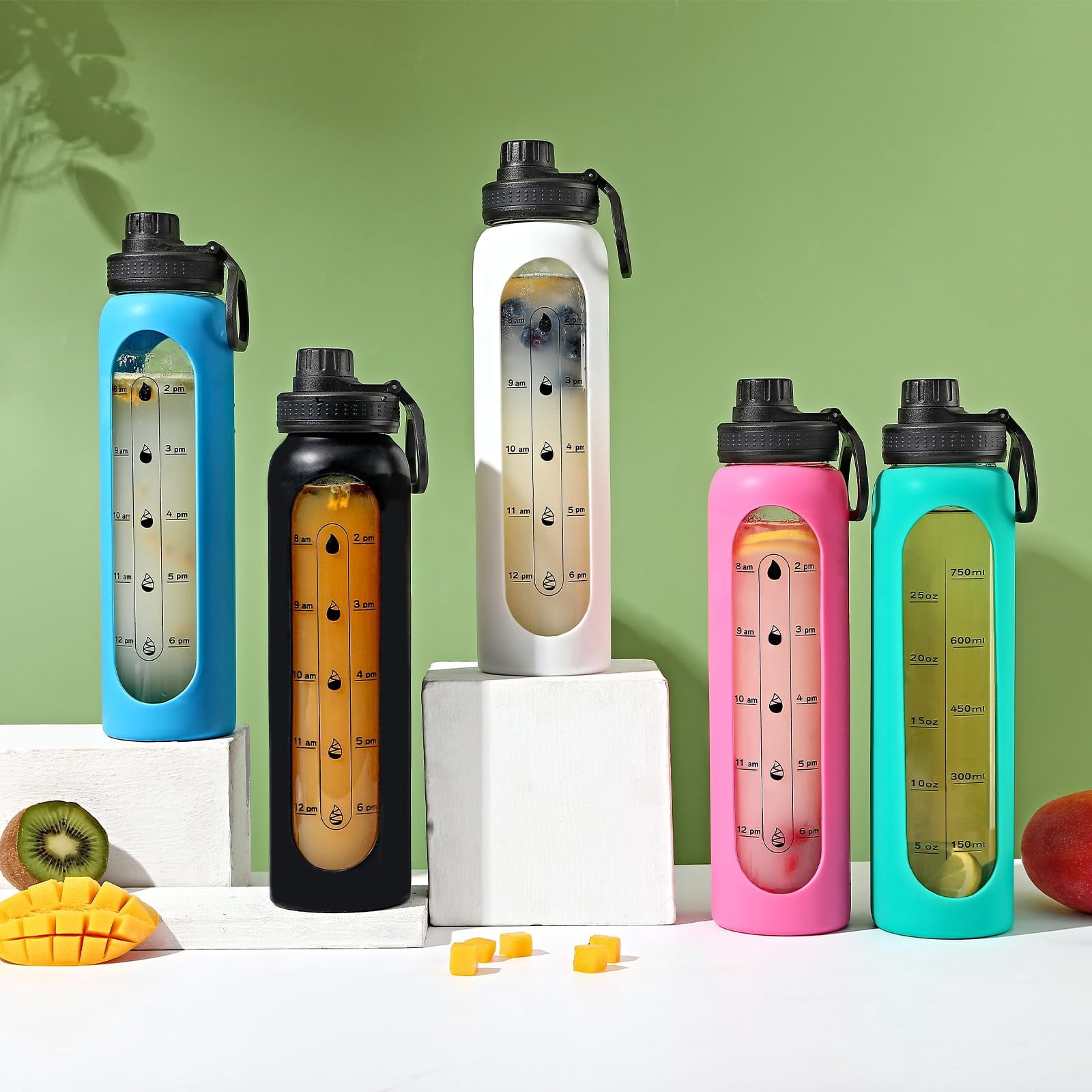 Glass Water Bottles 32oz with Silicone Sleeve Drinking Hydration Bottles Reusable Borosilicate Wide Mouth Motivational Water Flask Canteen with Time Marker Spout Lid and Brush