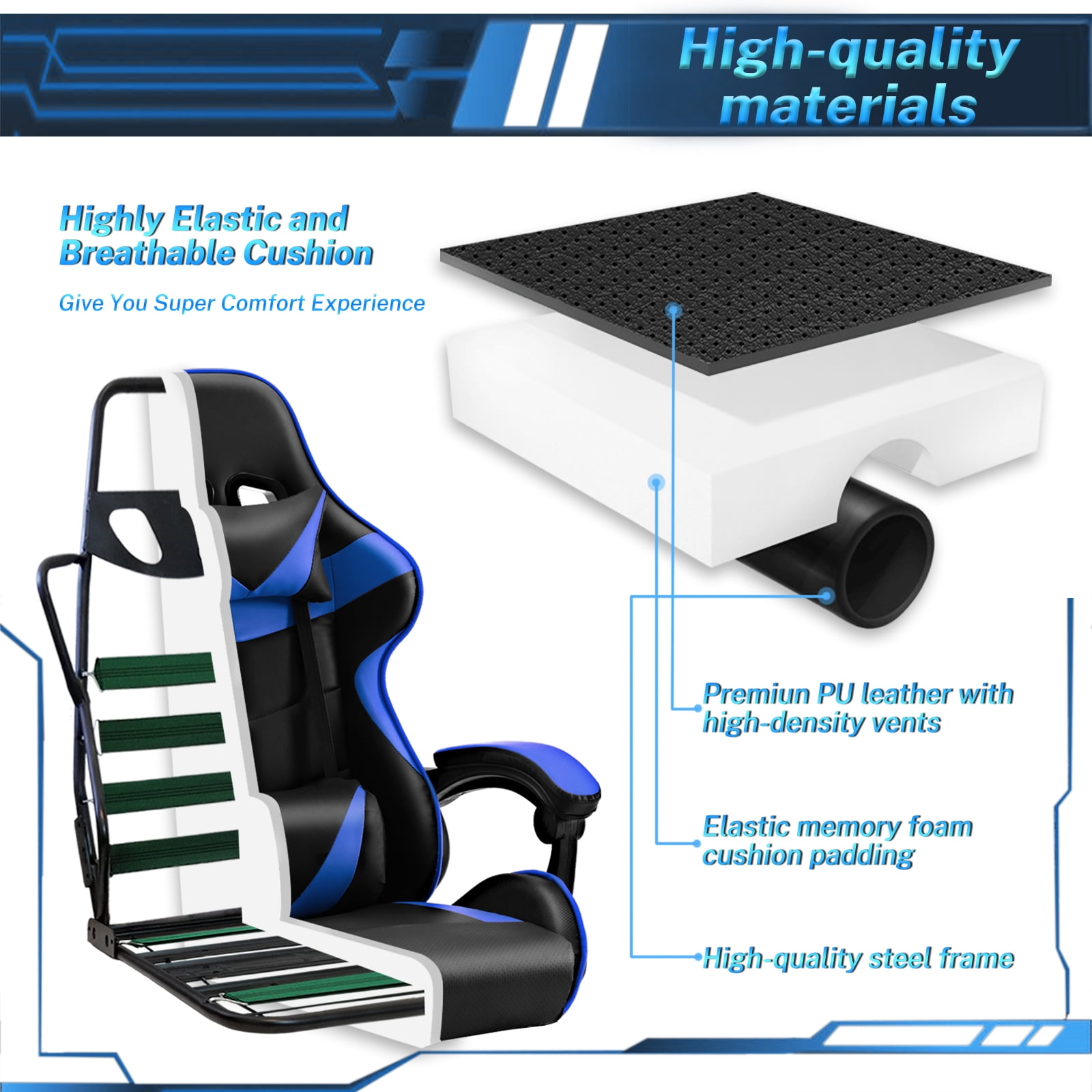 Luxvie Gaming Chair with Footrest High Back Office Chair with Headrest&Massage Lumbar Support Swivel Ergonomic Gaming Chair for Adults Kids,Blue