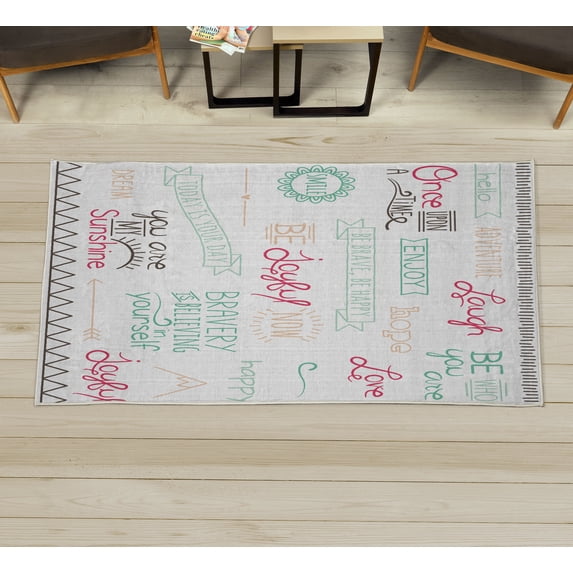 Adventure Decorative Rug, Various Words on Happiness and Self Value Uplifting Phrases Being Who You Are, Quality Carpet for Bedroom Dorm and Living Room, 6 Sizes, Dark Pink, by Ambesonne