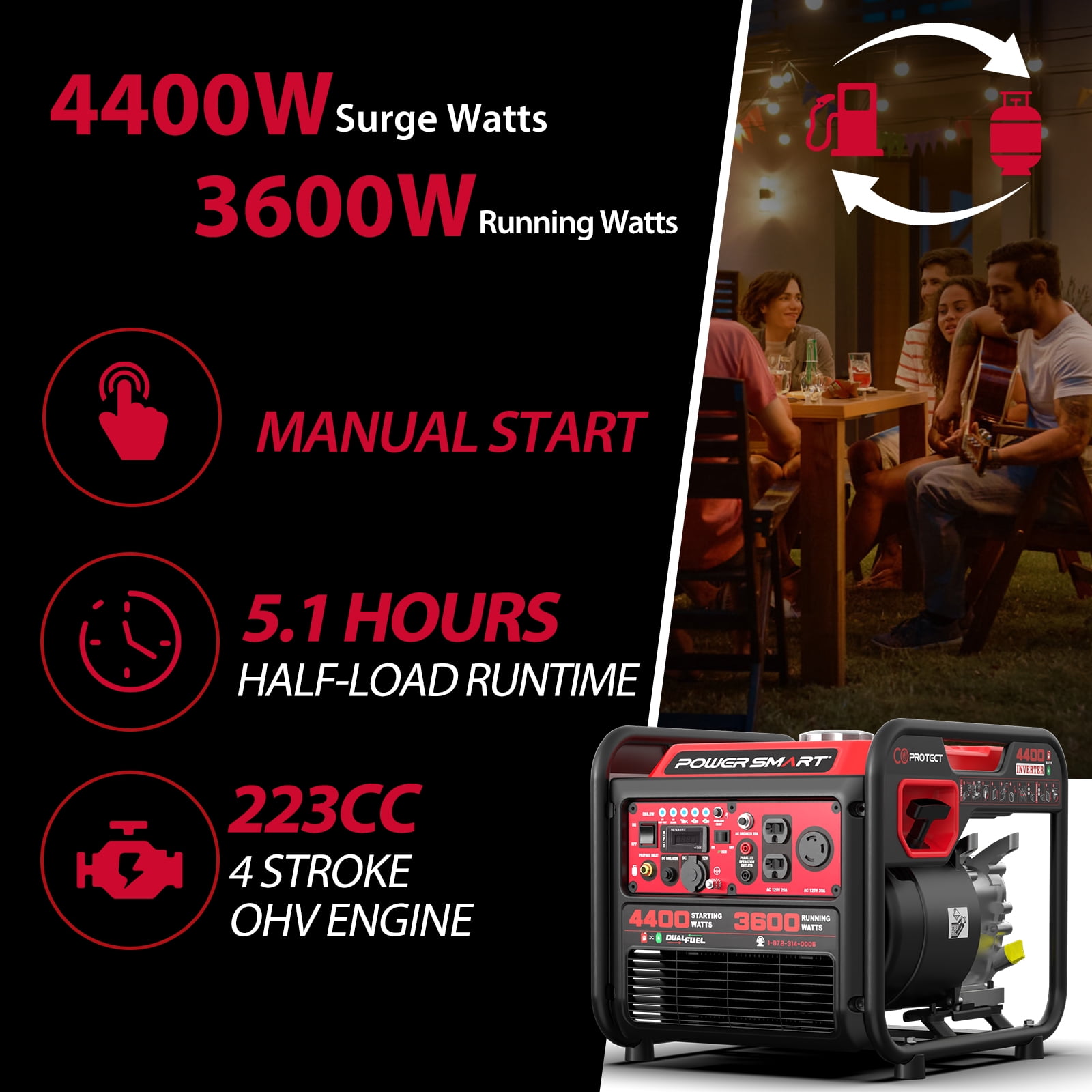 PowerSmart 4400W/3600W Dual Fuel Portable Generator Gas/Propane with Inverter Tech CO Protect (MB5040DC)