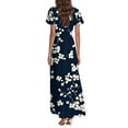thumbnail image 5 of QIJIE Petite Women Dresses Spring Summer V Neck Vacation Ruffled Short Sleeve Holiday Floral Maxi Dress A-Line Elegant Sundress Boho Beach Wedding Guest Dresses Navy XS, 5 of 5