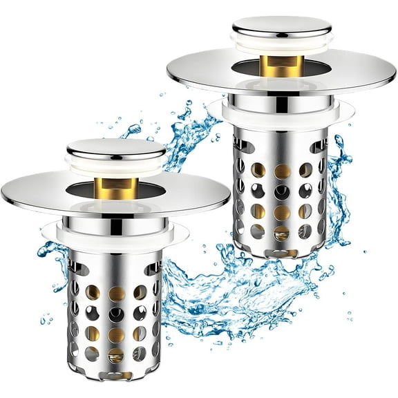 Universal Bathroom Sink Stopper, Pop Up Sink Drain Strainer Plug with Removable Stainless Steel Filter Basket Hair Catcher, Bathroom Bathtub Drain Stopper for 1.1-2.36 Inch Basin(2PACK)