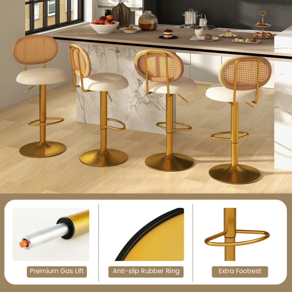 Demi Bonn 2 Pieces Bar Chairs with PE Rattan Backrest, 360°Swivel and Height Adjustable Modern Dining Chair, Gold