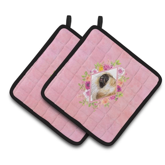 Pekingese Pink Flowers Pair of Pot Holders