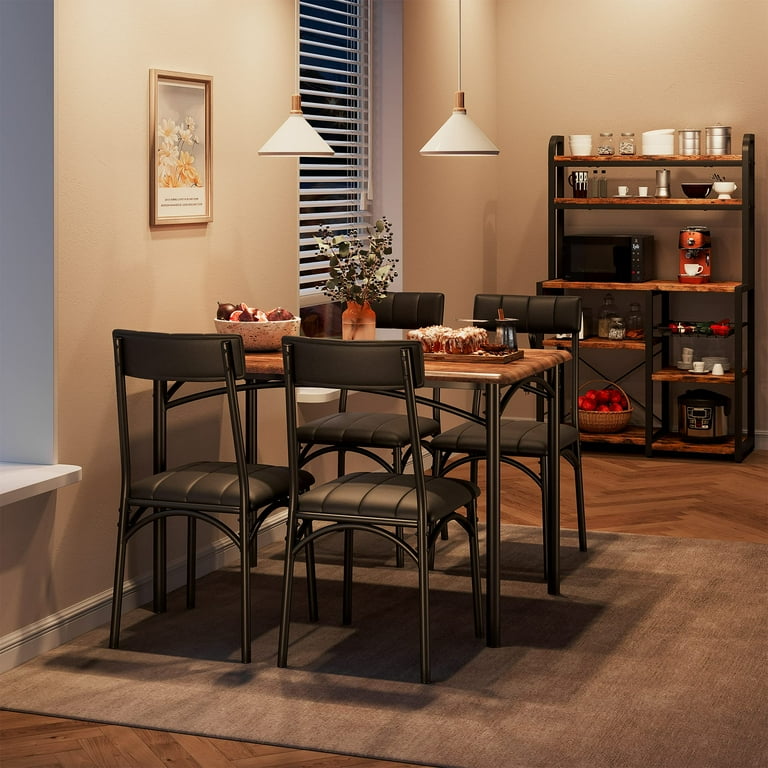 Dining Table Set for 4 Kitchen Table and Chairs Metal and Wood Rectangular Dining Room Table Set with 4 Upholstered Chairs 5 Piece Dining Set for