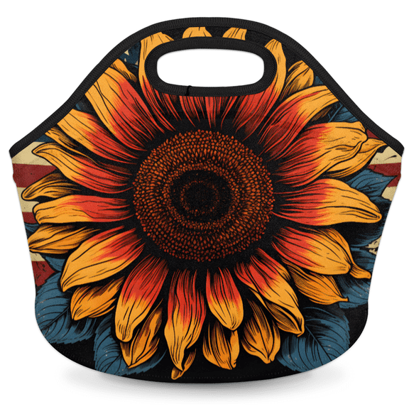 Herdesigns 4th of July Neoprene Lunch Bag, Memorial Day Sunflower Insulated Lunch Box for Women Men Washable Lunch Tote Soft Lunch Container With Zipper for Work Picnic Travel