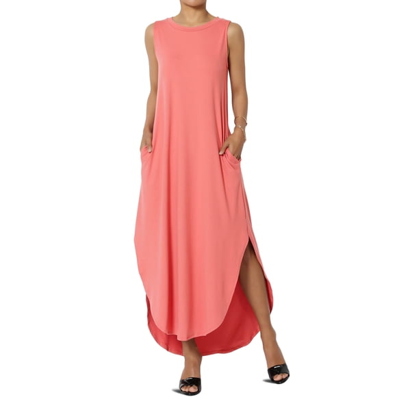 TheMoogan Robe Longue Maxi d'Été Sans Manches pour Femme en Jersey DTY avec Poches, Coupe Ample, Fendue
