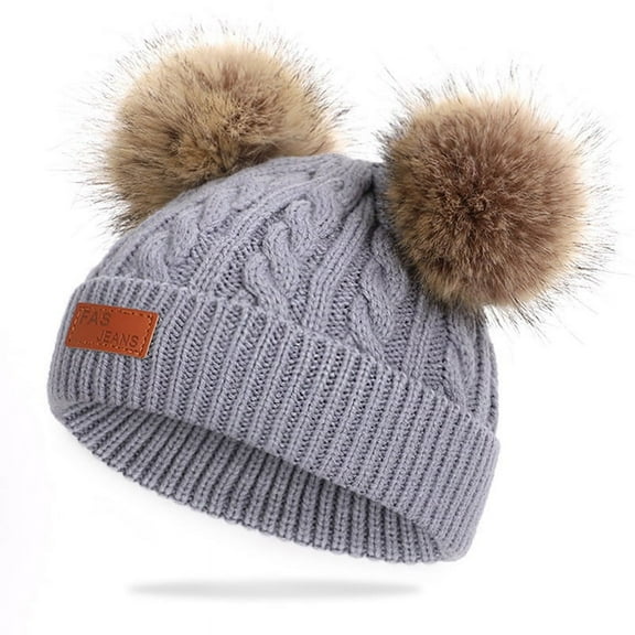 Infant Toddler Woolen Hat Pure Color Winter Twist Double Pom Pom Knitted Beanies Cap 0-3Y Grey