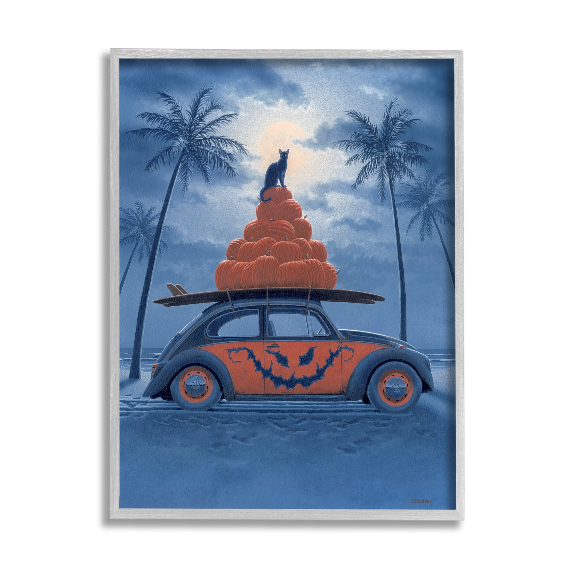 Stupell Industries Spooky Tropical Beach Pumpkin Car Holiday Painting Gray Framed Art Print Wall Art