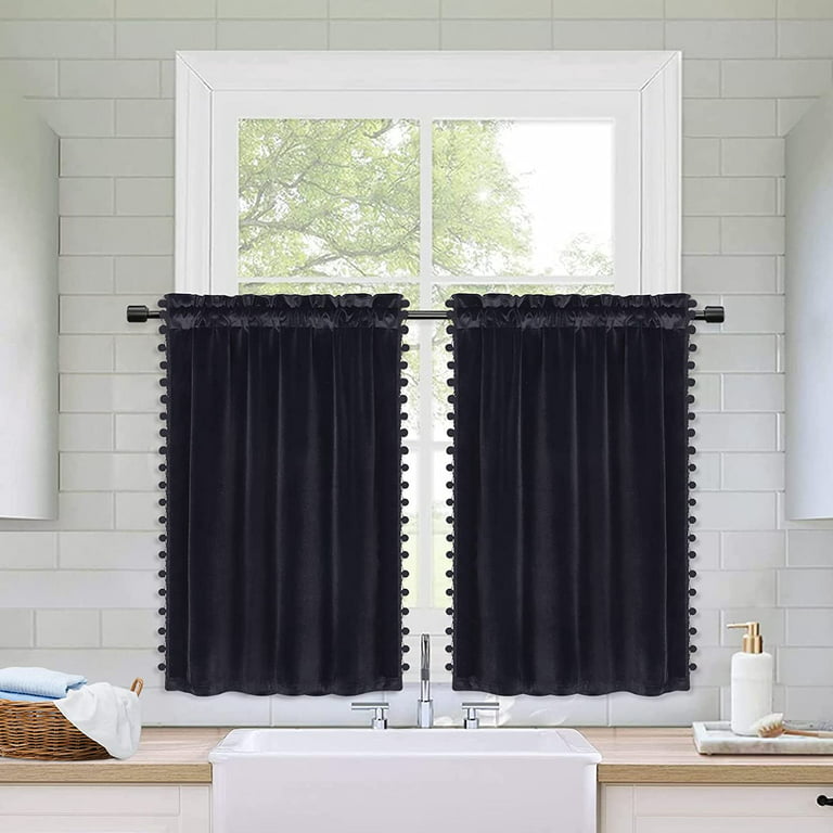 Room Darkening Velvet Kitchen Curtains For Windows Short Tier Black Bathroom Window Small Bedroom Dorm 26 W X 36 L 2 Panels Com