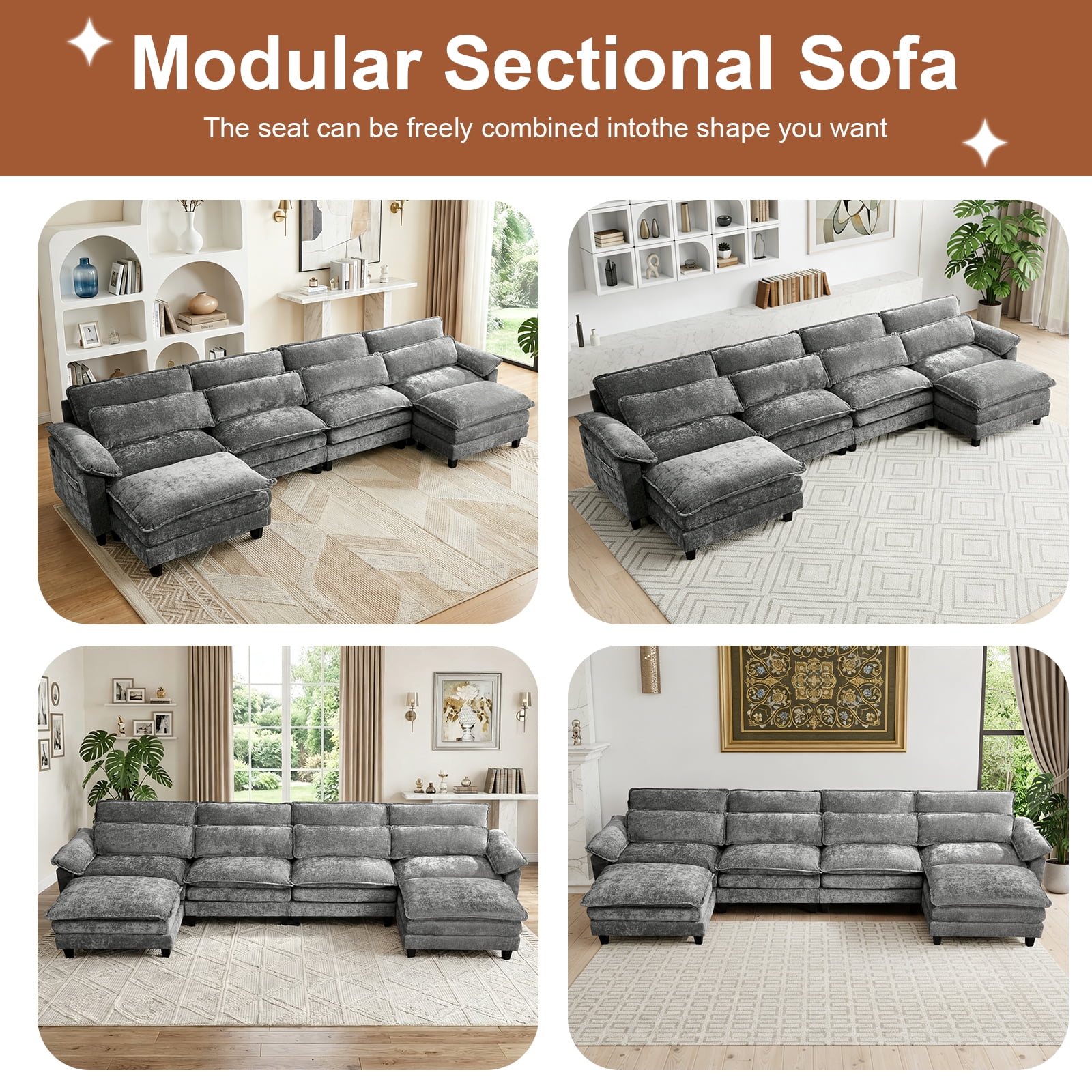 Howcool Cloud Couch Modular Sectional Sofa 6 Seat 148" U Shaped Convertible Couch Corduroy Thick Cushion with 2 Movable Ottomans and Toss Pillows Washable Removable Cover for Living Room,Grey