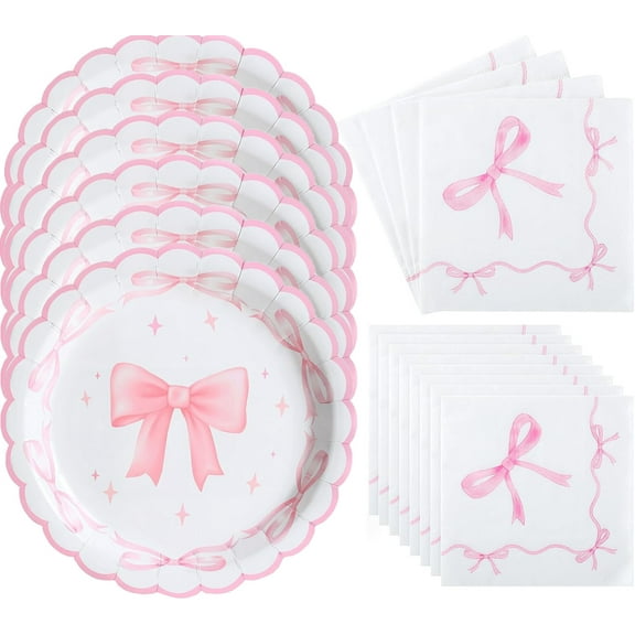 Birthday Decorations Bow Plates and Napkins,Bexikou 20 Sets Pink Paper Plates and Napkins for Birthday Party Decoration Baby Bridal Shower,Disposable Tableware for Wedding Bachelorette Party