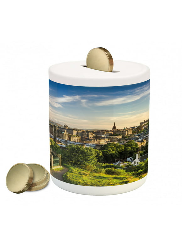 Cityscape Piggy Bank, Edinburgh Town Aerial View of Historical Buildings Heritage Panorama Art, Ceramic Coin Bank Money Box for Cash Saving, 3.6" X 3.2", Fern Green Blue Tan, by Ambesonne