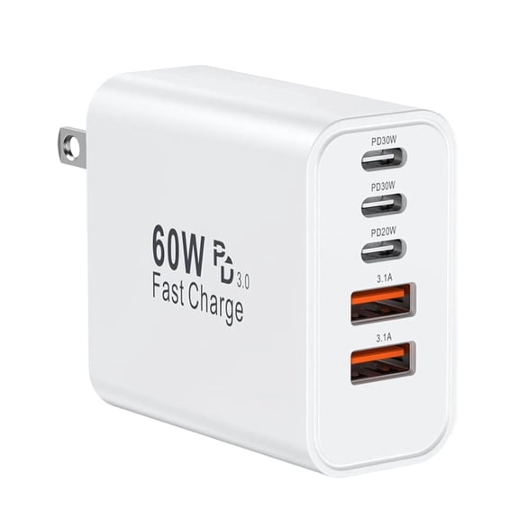 USB C Charger Block, 60W 5 in 1 Charging Blocks, PD 3.0 Fast Charger iPhone, QC 2A Wall Plug Multiport Type C Charging Block for iPhone 17 16 15 14 13 12 Pro Max, iPad, iPod,Samsung,AirPods Pro