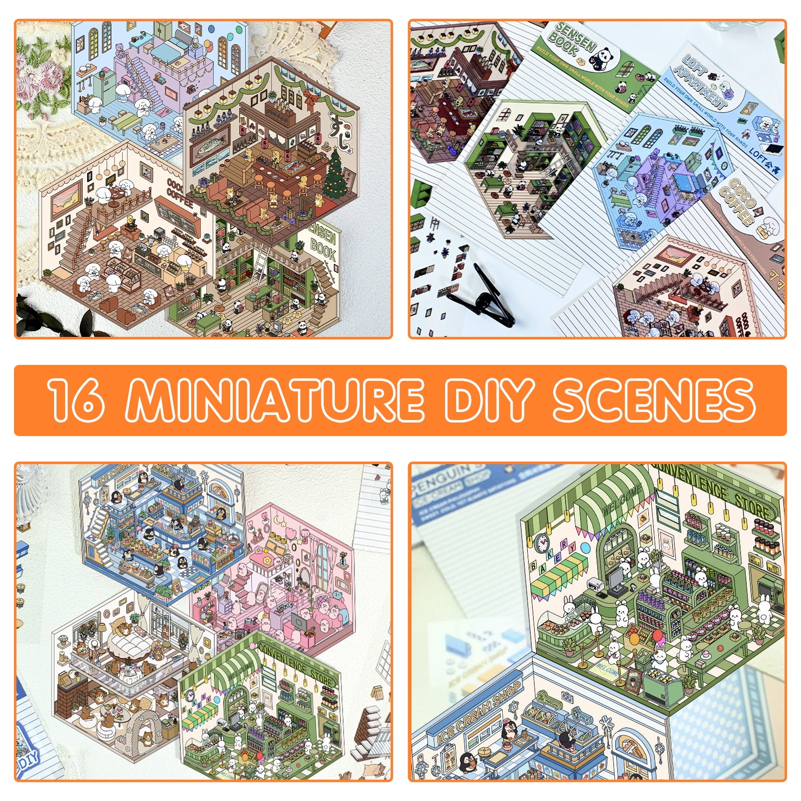 Vensio -16Pcs DIY 3D House Scene Stickers Set with 2 Tweezers, Reusable PET 3D Cartoon Furniture Stickers for Mini Room Decoration and Laptop Crafts, 1set