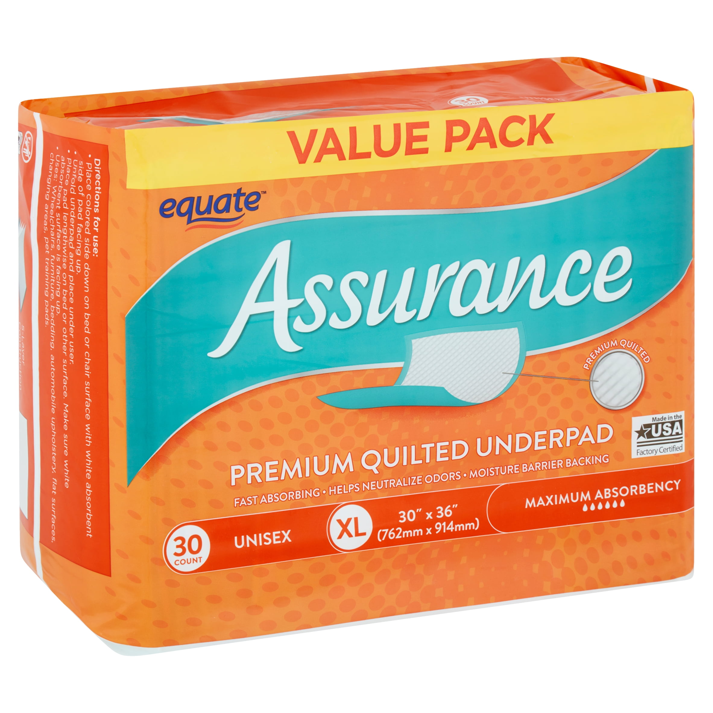 Equate Assurance Maximum Absorbency Unisex Premium Quilted Underpad Value Pack Xl 30 Count Walmart Com Walmart Com