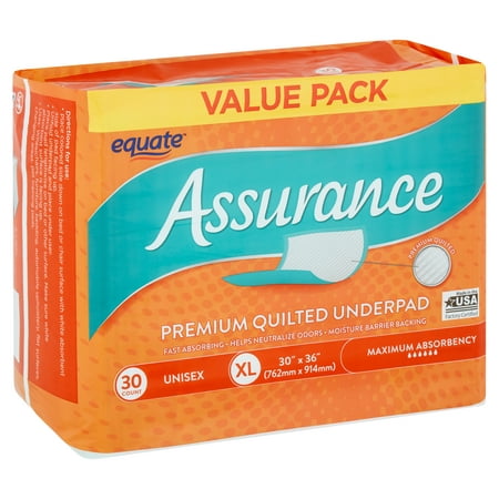 Equate Assurance Maximum Absorbency Unisex Premium Quilted Underpad Value Pack, XL, 30 count