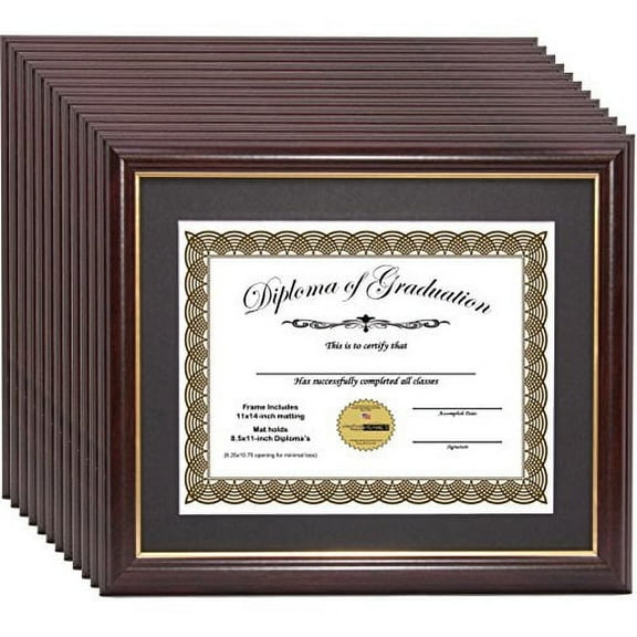 Creative Picture Frames CreativePF [11x14mh.gd] Mahogany Frame with Gold Rim, Black Matting Holds 8.5 by 11-inch Diploma with Easel and installed Hangers (12-Pack)