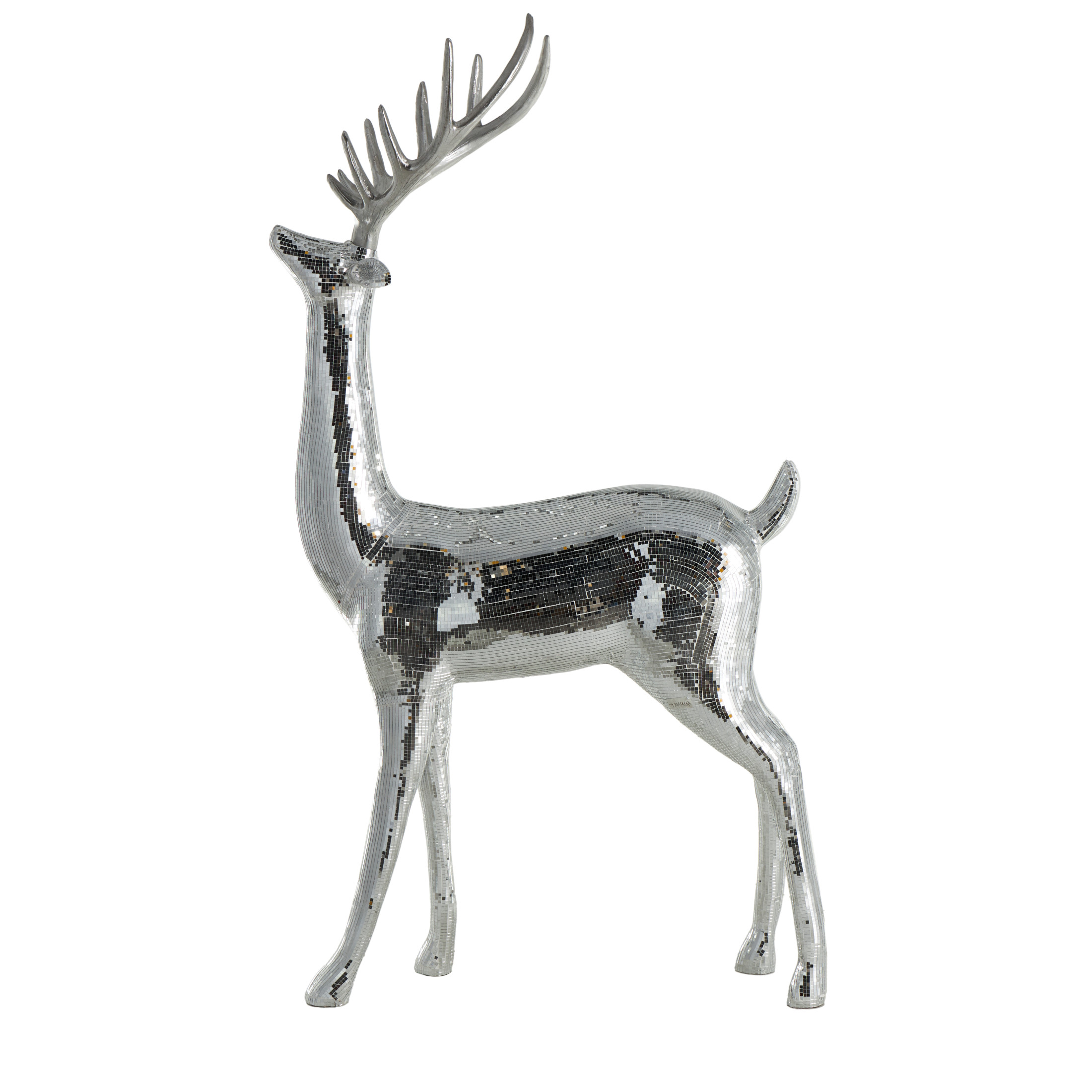 31" x 56" Silver Fiberglass Floor Reindeer Christmas Sculpture with Mosaic Pattern, by DecMode