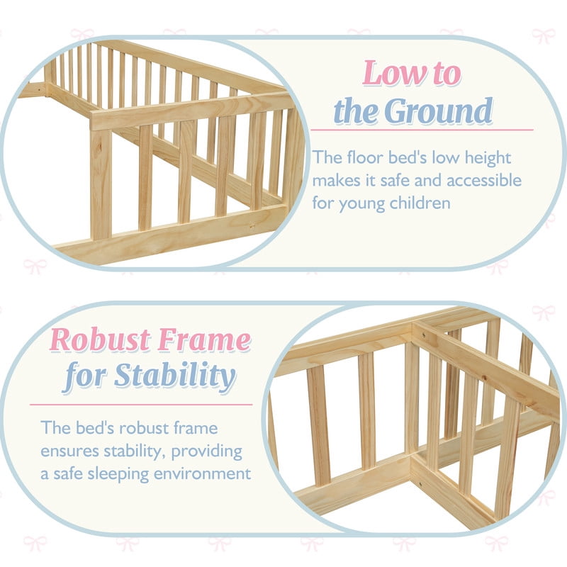 Mirightone Montessori Double Floor Bed for 2, Wood Twin Size Floor bed Frame with Guardrails for Sibling (Natuarl)