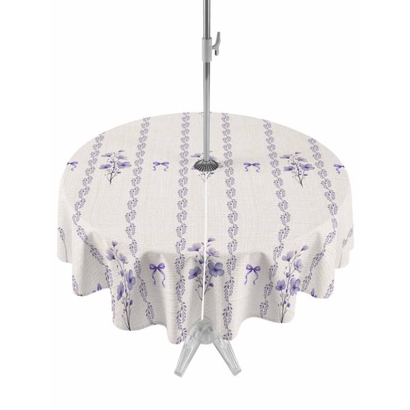 Outdoor Tablecloth with Umbrella Hole for Patio/Picnic/Party/Camping, Purple Flowers Waterproof Table Cloth Round Cover Washable, Spring Floral Bows Lines Vintage Beige (Dia 54")