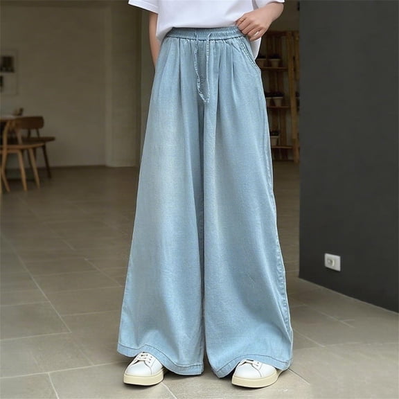 Eltusu Girls Jeans, Stretchy Wide Leg Elastic Waist Loose Fit Denim Panrts Blue Size 12 T
