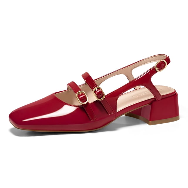 zapatos coutgo mary jane para mujer, tacones bajos gruesos, color rojo, talla 7 Mary Jane rojo de charol en vista lateral derecha con puntera cuadrada retro, correas dobles con hebillas doradas ajustables, tacón grueso de 1.65 pulgadas y suela de goma antideslizante; plantilla acolchada y acabado brillante sobre fondo blanco, versátil para looks formales o casuales.