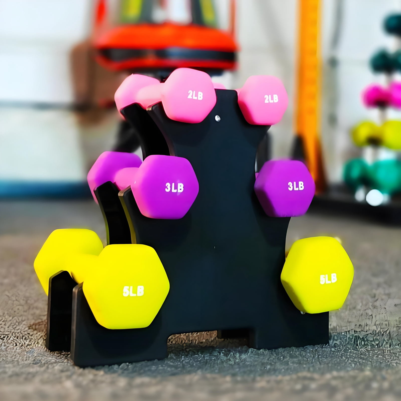 Gianna Colored Neoprene Dumbbell Set with Rack, Included 2lbs, 3lbs, 5lbs Dumbbells