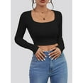 thumbnail image 3 of Long Sleeve Crop Tops for Women Ribbed Square Neck Slim Fitted Casual Lady Fashion Top, 3 of 5