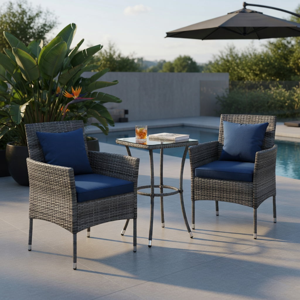 Hommoo 3-Piece Outdoor Patio Furniture Set, PE Rattan Chairs with Removable Cushions & Tempered Glass Coffee Table for Porch, Backyard, Garden, Navy