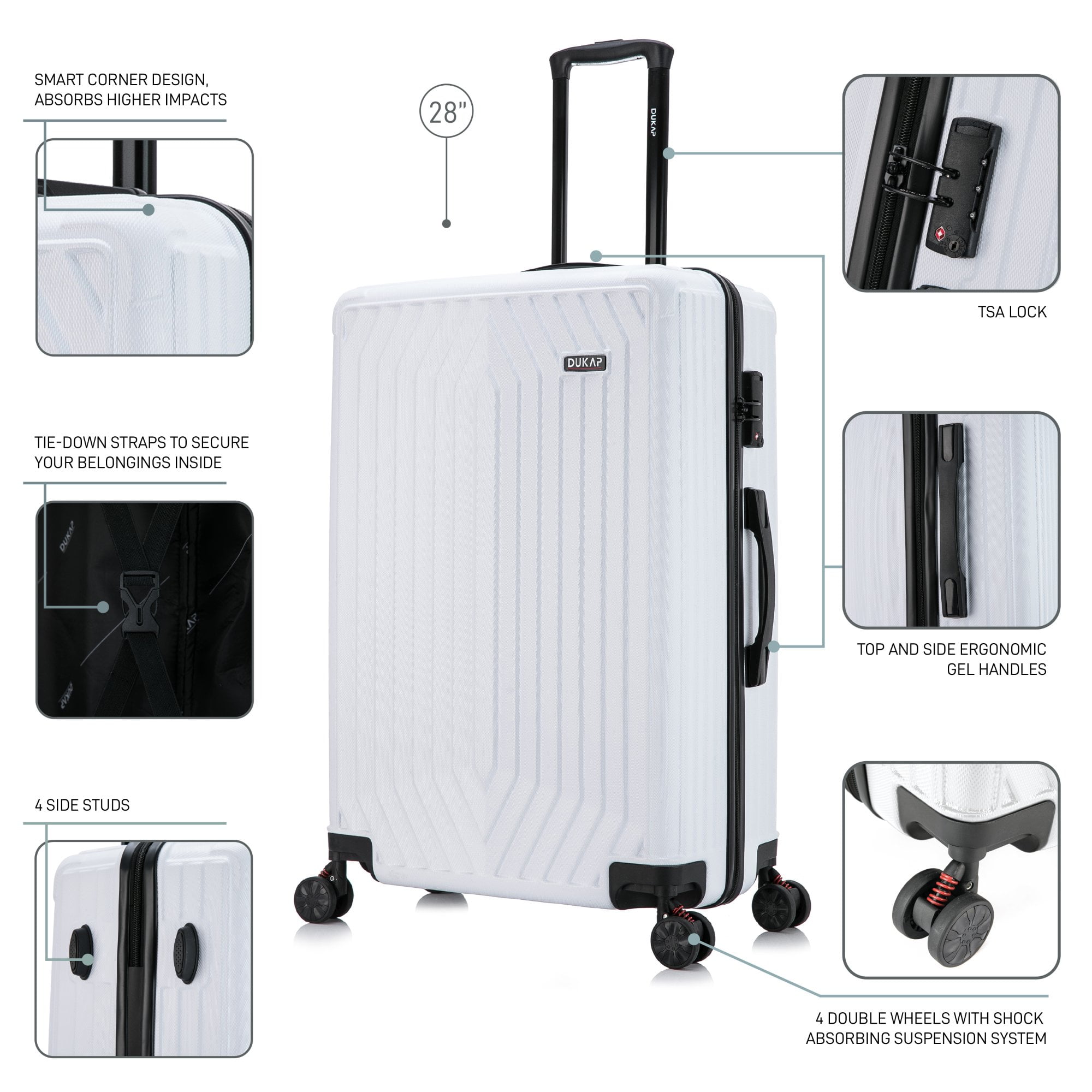 DUKAP Stratos 3-Piece Hardside Lightweight Luggage Sets with Wheels, Handle, Trolley, (20"/24"/28"), White