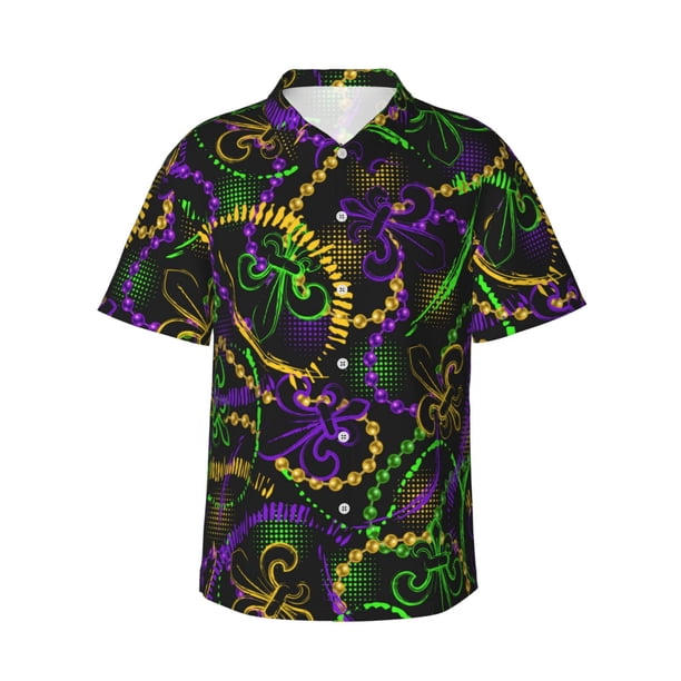 Fotbe Neon Mardi Gras Camisa Hawaiana para Hombre Unisex – Camisa Casual de Verano con Botones de Manga Corta de Algodón y Lino,XX-Large