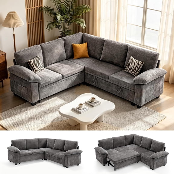 Modular Sectional Sleeper Sofa, 5-Seat Chenille L Shaped Pull Out Couch with Storage, Dark Grey for Living Room