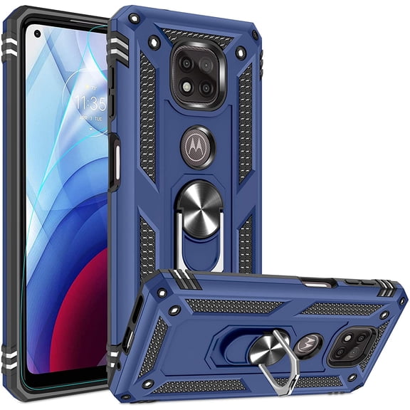 Compatible for Moto G Power 2021 Case 6.6-inch with HD Screen Protector, Military-Grade Shockproof Protective Phone Case with Magnetic Kickstand Ring for Motorola Moto G Power 2021 Blue