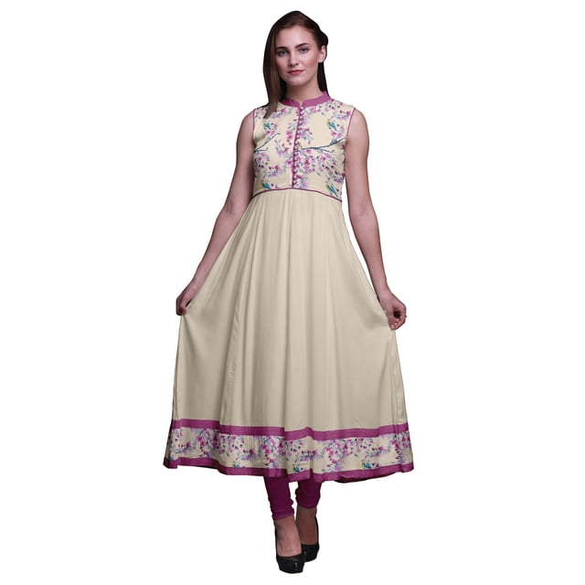 Bimba Kurti Indien Long Aquarelle Ivoire pour Femmes Tenue de Soirée Imprimée Sans Manches Anarkali Kurti Robe X-Small