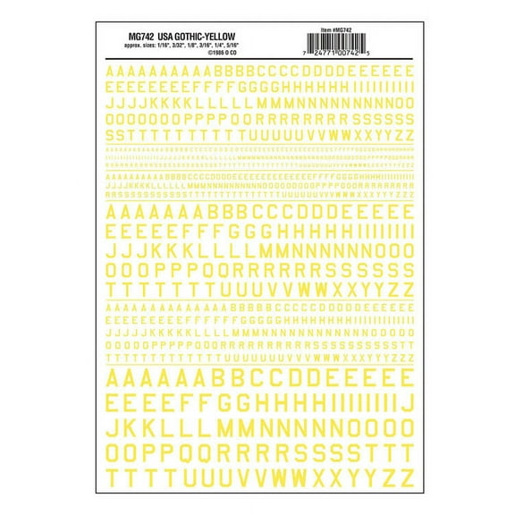 Dry Transfer Alphabet & Numbers - 45 Degree USA Gothic (Military Style) -- Yellow