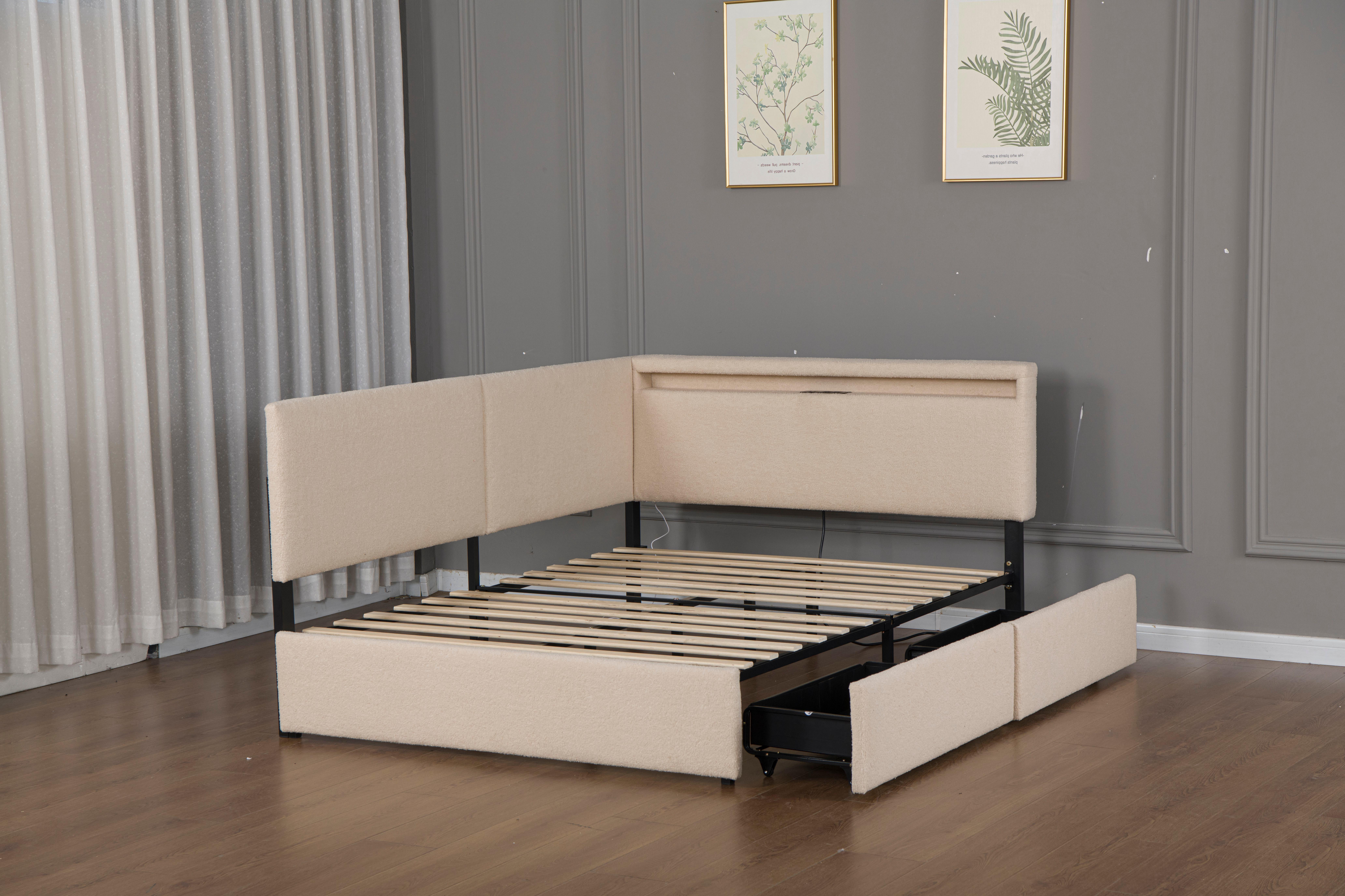 Upholstered Platform Bed Full Size, Cloud Bed Frame with USB Charging and LED Lights, Storage Drawers and Solid Wood Legs, No Box Spring Needed, Beige