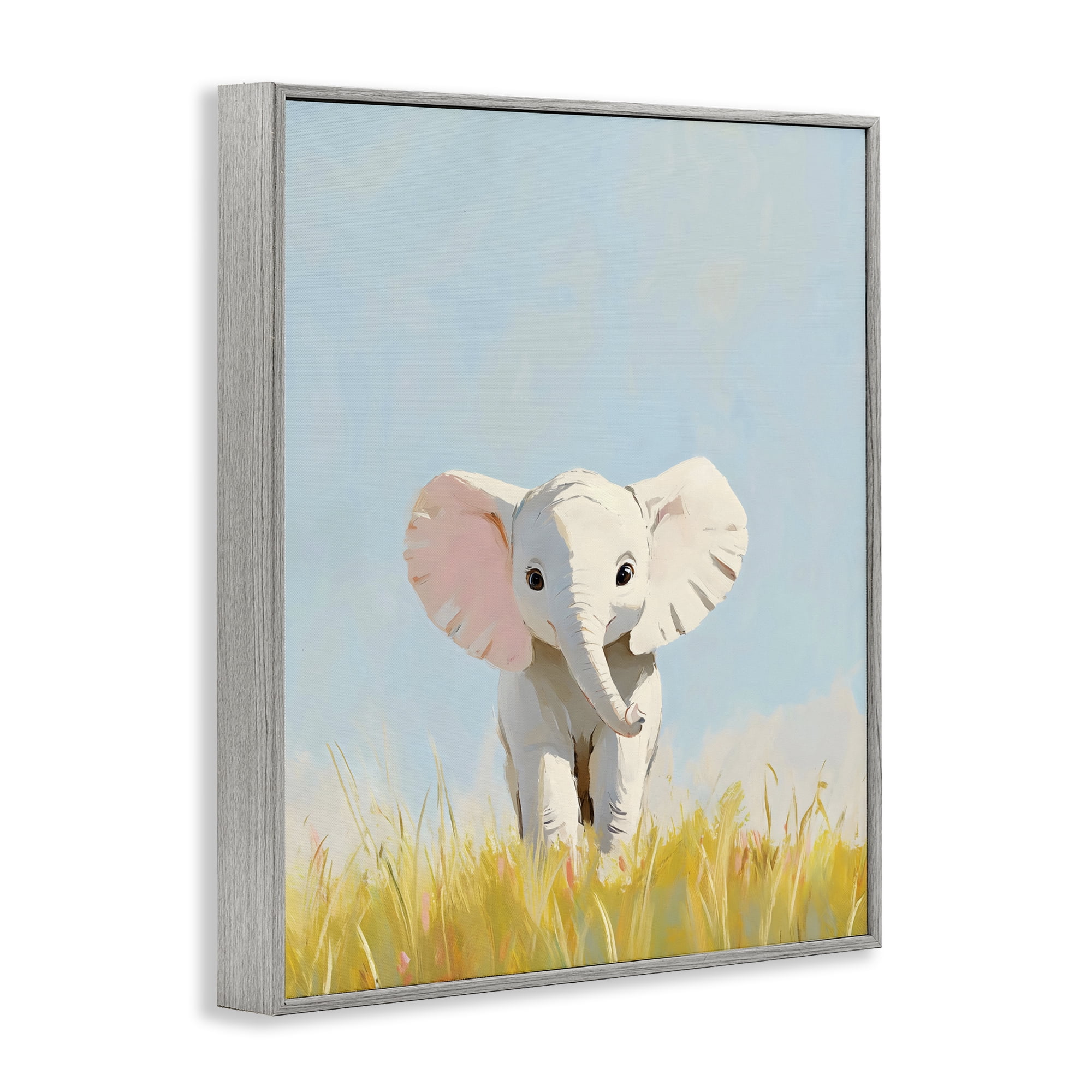 Stupell Industries White Baby Elephant in Grass Gray Framed Giclee Art, design by The Prints Vibe