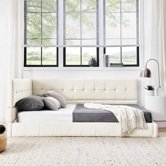 Full Size Upholstered Tufted Floor Bed Frame, Sofa Bed Frame with Comfortable Backrest and Armrests,Velvet Platform Bed for Bedroom, Living, Recreation Room,No Box Spring Needed (Beige, Full)