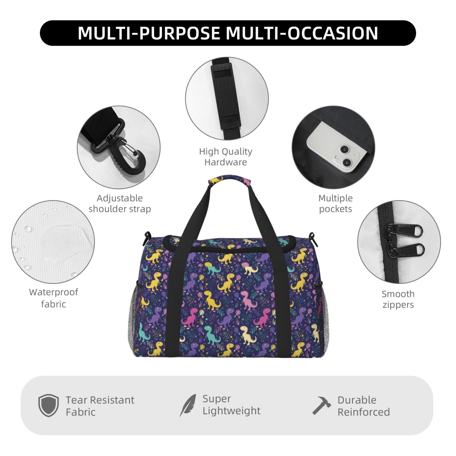 Fuzoiu Colorful Dinosaur Print Travel Duffle Bag,Carry On Tote Bags,Duffel Bag,Sport Gym Bag, Hospital Bag for Labor and Delivery, Overnight Bag,Luggage Bag